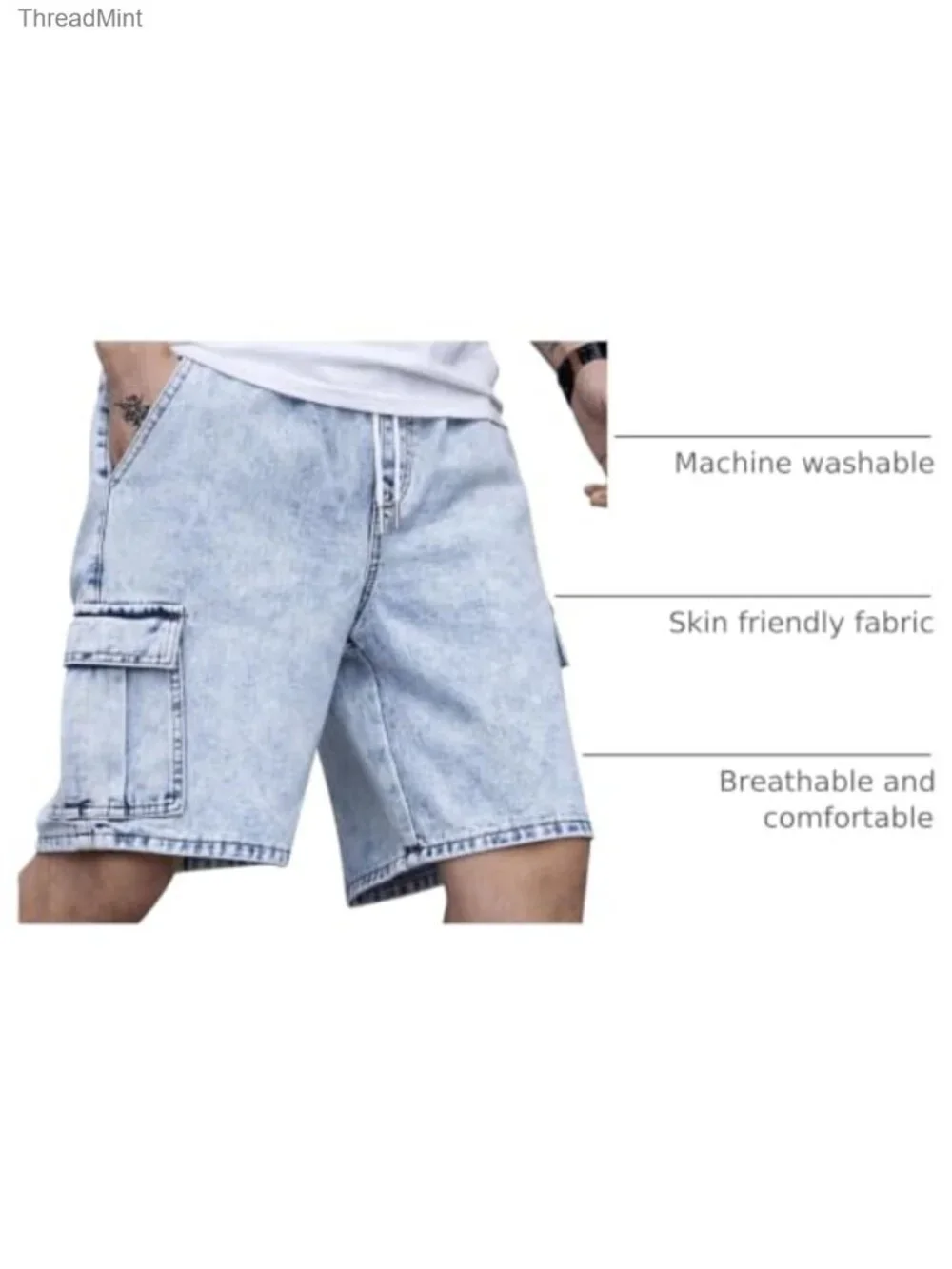 Men's Drawstring Cargo Jean Shorts with Flap Pockets, Loose Fit, Casual